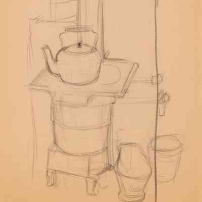 Untitled (Study of Hopper House Interior with Pot-Belly Stove, Buckets, and Kettle)