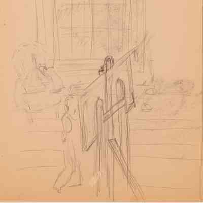 Untitled (Interior View of Hopper House, Edward at Easel, Armchair, Large Window)