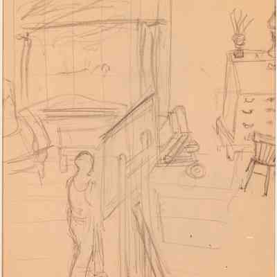 Untitled (Interior View of Hopper House, Edward at Easel, Armchair, Large Window, Desk, and Chair)