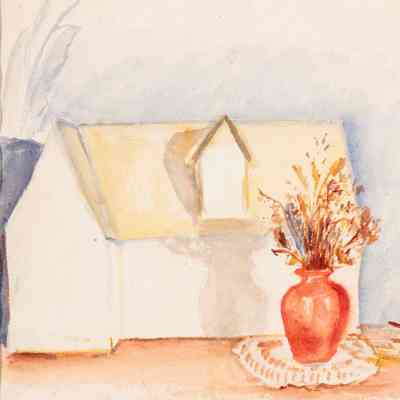 Untitled (Lamp and Vase, with Model Sailboat and Model House [resembling house from High Noon])