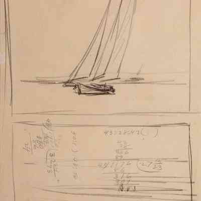 Recto: Untitled (Study of Sailboat and Landscape, likely for The Long Leg [top], Study of Sailboat and Arithmetic [bottom]); Verso: Untitled (Study of Sailboat [top], Arithmetic [bottom])