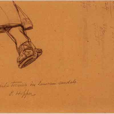 Recto: Untitled (sketch of foot in sandal, inscribed "Josie's toesies in Duncan sandals")