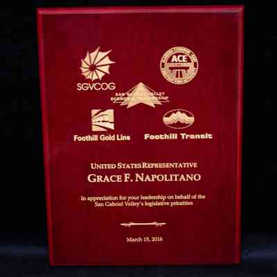 Wooden Plaque, SGVCOG, ACE, Foothill Gold Line, San Gabriel Valley Economic Partnership, and Foothill Transit