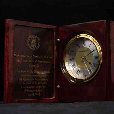 Wooden Plaque with Clock, City of Pomona