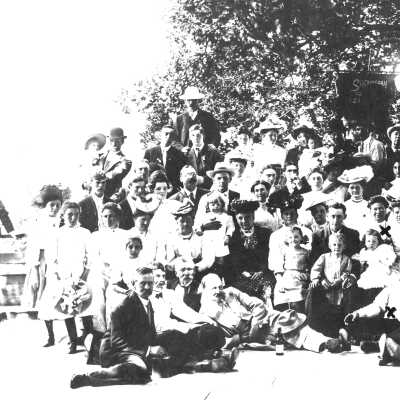 Redmen's Picnic at Thodes Grove: June 1907 #2 (Mariotti): Anna O' Kerland has "x" on blouse, is seated third row in middle.