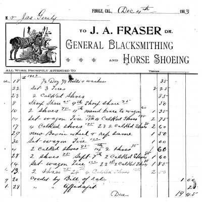 Fraser blacksmith bill, 1903 (Vincent): The Fraser Blacksmith shop generated business in Pinole, CA as shown in this bill for Mr. James Gerity.