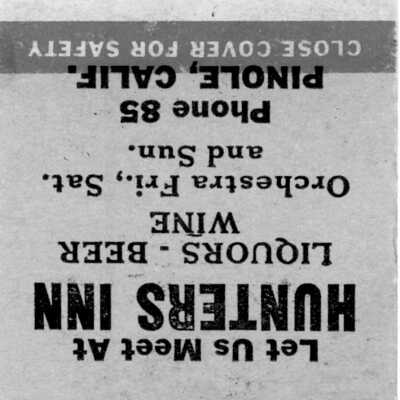 Hunters Inn matchbook cover B&W (Fred Hollister)