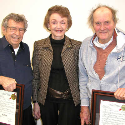 Mario Menesini, Gayle Uilkema, Joe Mariotti #2: Gayle Uilkema with Mario Menesini and Joe Mariotti holding their plaques from the Historical Landmarks Advisory Committee. 