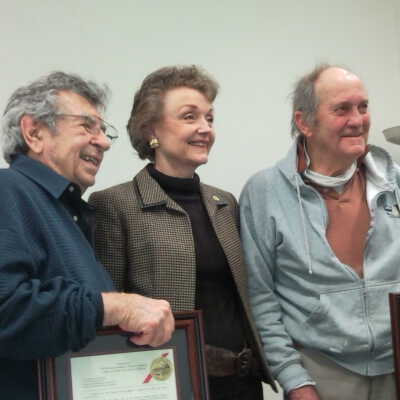 Mario Menesini, Gayle Uilkema, Joe Mariotti, #3jpg: Gayle Uilkema with Mario Menesini and Joe Mariotti holding their plaques from the Historical Landmarks Advisory Committee. 