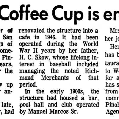 Tommy's Coffee Cup closes (Margaret Prather): Newspaper announcing the closing of Tommy and Margaret Prather's The Coffie Cup.