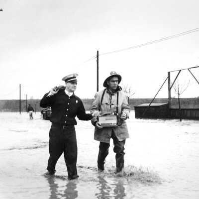 Flood of 1958 #11 - Tennent by park Capt. Roy Clark (L) and Chief Pepper Martin (R) (Mariotti)