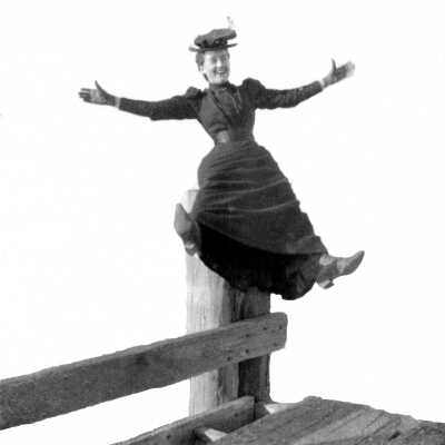 Ellerhorst daughter on fencepost #1 (Mariotti): Photograph of Christina and C. H. Ellerhorst's daughter wearing a dark color dress and hat, sitting on wood post.