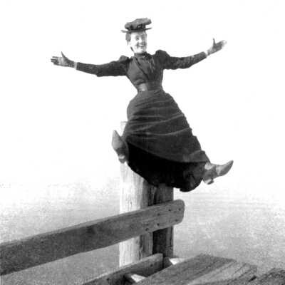 Ellerhorst daughter on fencepost #2 (Mariotti): Photograph of Christina and C. H. Ellerhorst's daughter wearing a dark color dress and hat, sitting on wood post.