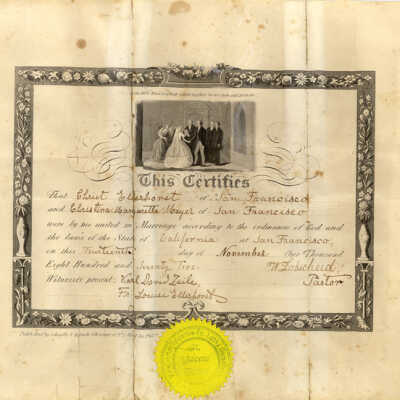 Ellerhorst marriage certificate: Marriage certificate dated November 14, 1872 showing Chris H. Ellerhorst's name as Christ Ellerhorst, marrying Christina Margaretta Meyer, both of San Francisco, CA.