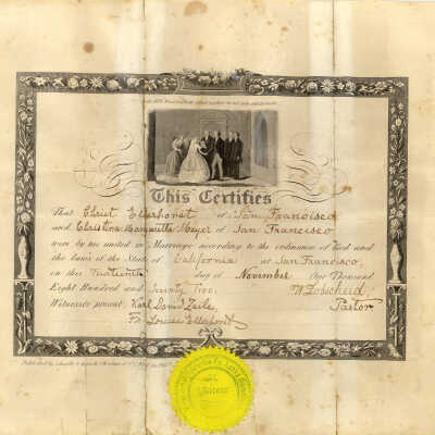 Ellerhorst marriage certificate: Marriage certificate dated November 14, 1872 showing Chris H. Ellerhorst's name as Christ Ellerhorst, marrying Christina Margaretta Meyer, both of San Francisco, CA.