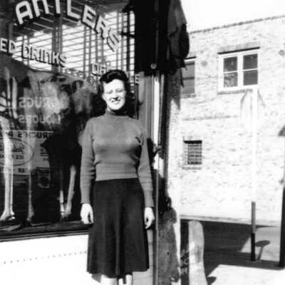 Antlers-Lucille Dalmasso Caffaratti #2 (Torretta): Lucille Dalmasso Caffaratti in front of Antler's Tavern.