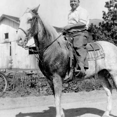 SIMAS Tony Sr. on horse (Mary Simas): Tony Simas Sr. on a horse in front of barn.