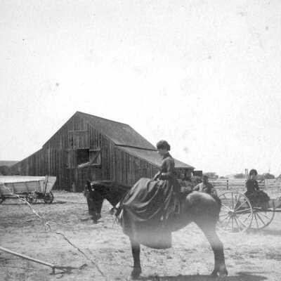 Anna Tennent Burns on horse (Vincent): Anna Tennent Burns on Horse, 1870s. The youngest daughter of Dr. Samuel and Rafaela Tennent, Anna was born in Pinole in 1865. She attended Pinole’s one-room school on Fitzgerald Ranch and excelled in her studies. She rode horseback to school daily and was an excellent rider. She died in 1949 in Berkeley at 83. The old Tennent ranch barn stood as a town landmark near today’s Margaret Collins School until it was torn down. 