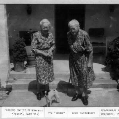 Frances and  Emma Ellerhorst, 1970 (Vincent): Frances L. Ellerhorst in her late 90s and sister Emma with dog "Buddy" in front of their home in Hercules, CA.