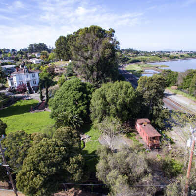 Fernandez Mansion from drone 4-4-17 (Earl Combs) #1: Earl Combs' drone photograph of the Fernandez Mansion and railroad along the bay.