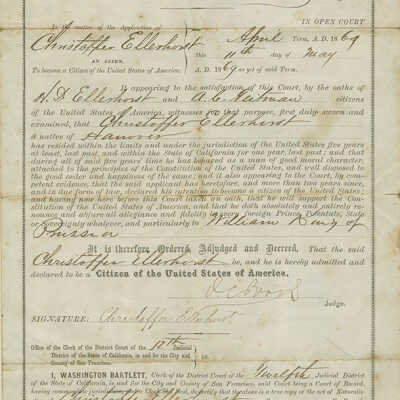 Christoffer Ellerhorst Naturalization papers low res: Naturalization document showing Chris H. Ellerhorst's name as Christoffer Ellerhorst, native of Hanover and dated May 11th, 1869.