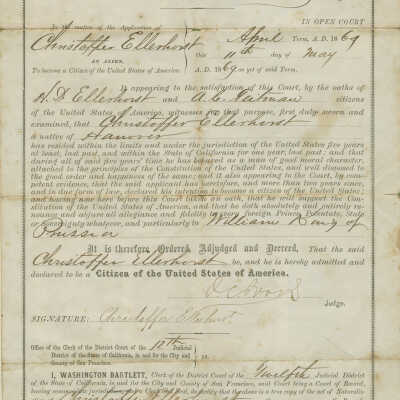 Christoffer Ellerhorst Naturalization papers: Naturalization document showing Chris H. Ellerhorst's name as Christoffer Ellerhorst, native of Hanover and dated May 11th, 1869.