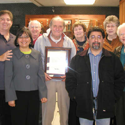Group photo with Jeff SM: Group photo with Joe Mariotti holding his commemorative plaque from the Historical Landmarks Advisory Committee with Jeff and Norma Rubin to his right. 