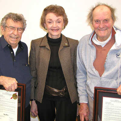 Mario Menesini, Gayle Uilkema, Joe Mariotti #1: Gayle Uilkema with Mario Menesini and Joe Mariotti holding their plaques from the Historical Landmarks Advisory Committee. 