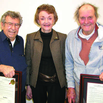 Mario Menesini, Gayle Uilkema, Joe Mariotti #1: Gayle Uilkema with Mario Menesini and Joe Mariotti holding their plaques from the Historical Landmarks Advisory Committee. 
