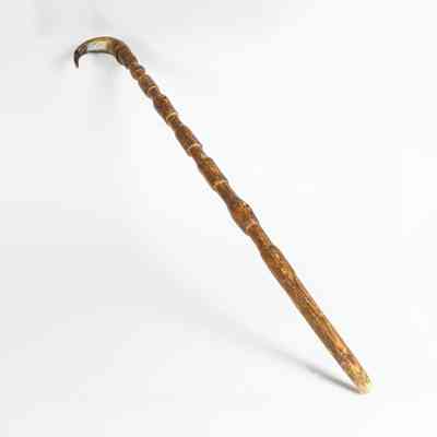 The image shows a wooden cane with a curved animal horn handle featuring intricate carvings. / L'image montre une canne en bois avec un manche incurvé en corne d'animal orné de sculptures complexes.