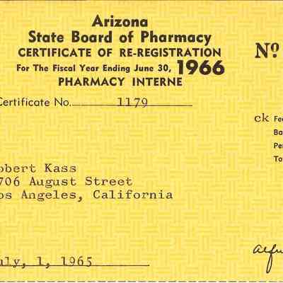 Arizona State Board of Pharmacy Certifiate of Re-Registration