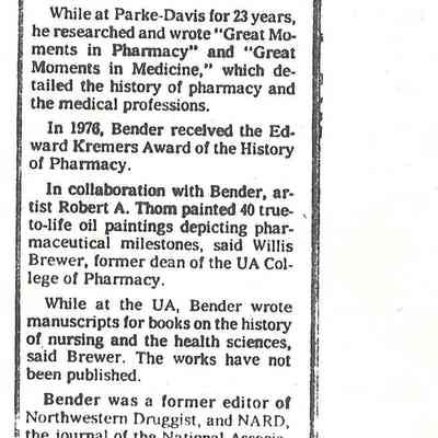 G.A. Bender, noted pharmacy historian, dies