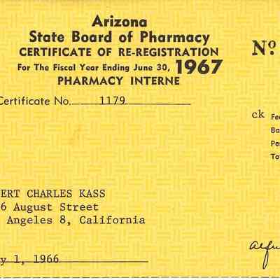 Arizona State Board of Pharmacy Certifiate of Re-Registration
