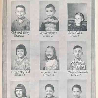 3rd and 4th Grader Students: Top Row: Clifford Buttry, Loy Devenport, John Gable
Middle Row: Patsy Mayfield, Francis Poe, Milford Seabaugh
Bottom Row: Linda Leslie, Carl Mayfield, Harold Mungle