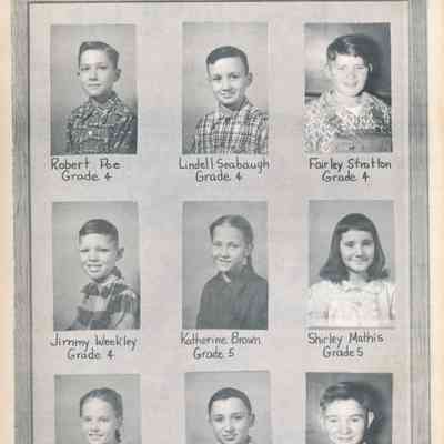 4th and 5th Grade Students: Top Row: Robert Poe, Lindell Seabaugh, Fairley Stratton
Middle Row: Jimmy Weekley, Katherine Brown, Shirley Mathis
Bottom Row: Wyonia Poe, Wayne Seabaugh, Orla Stratton