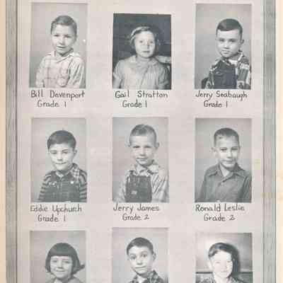 1st and 2nd Grade Students: Top Row: Bill Devenport, Gail Stratton, Jerry Seabaugh
Middle Row: Eddie Upchurch, Jerry James, Ronald Leslie
Bottom Row: Linda Long, Darrell Missey, Lynne Stratton