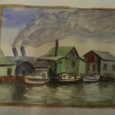 3 Boats at Dock; Smoke Stacks at Rear