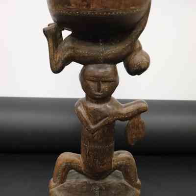 Man holding bowl on head