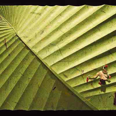 A green, textured, origami folded pattern in the form of a palm leaf with a small, intricate origami figure representing a frog.