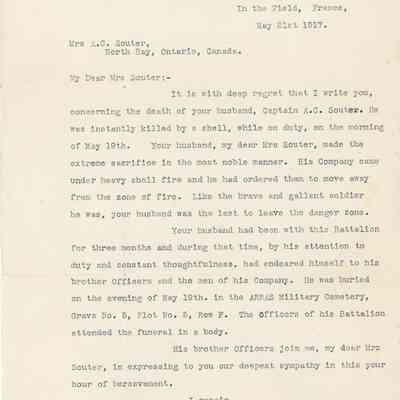 Letter from A.C. Griffin Lt. Col. 5th Battalion to Mrs. A.C. Souter