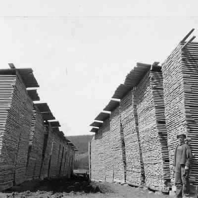 Worker Next to Lumber Piles