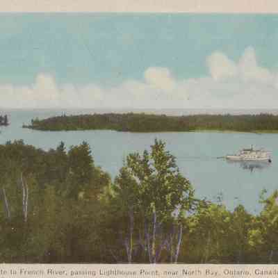 Steamer, en route to French River, passing Lighthouse Point, near North Bay, Ontario, Canada. 55.