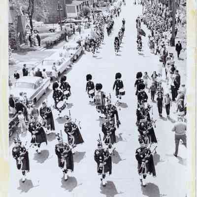 Aerial photograph of North Bay Pipes and Drums leading the 1965 Legion Convention parade in North Bay