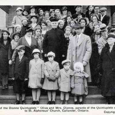 "Land of the Dionne Quintuplets" Oliva and Mrs. Dionne, parents of the Quintuplets on a visit to St. Alphonsus' Church, Callander, Ontario
