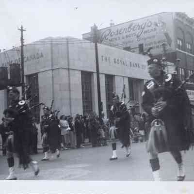 North Bay Pipe and Drums at a late-1940s downtown North Bay parade
