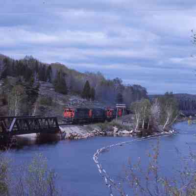 C.N.R. freight approaching bridge