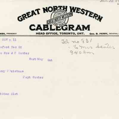 "Great North Western Cablegram" to Mrs. A.C. Souter