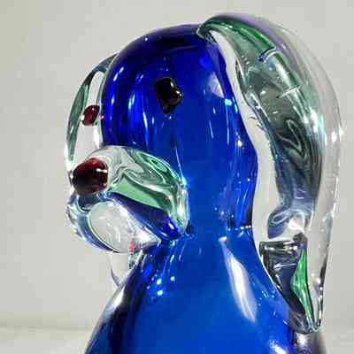 12.9.25c 1959 Murano Sommerso Dog Glass Drioli Decanter – Red Eyes & Nose, Empty