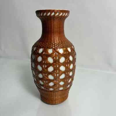 8.9.25a Vintage Porcelain Vase with Woven Straw Overlay – Intricate Lattice Detailing