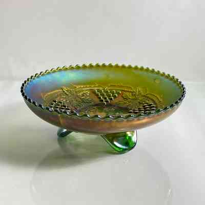 12.9.25a Antique Fenton Carnival Glass Footed Bowl – Grape & Leaf Pattern, Iridescent